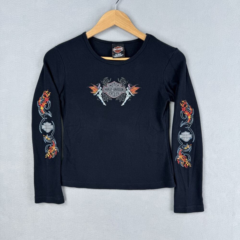 Harley-Davidson Shirt Womens Small Black Long Sleeve Fairy Flames Graphic Biker